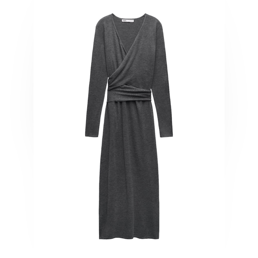 Zara NWT Medium Wool Blend Knit Wrap MIDI Dress Gray V-neck Light Knit